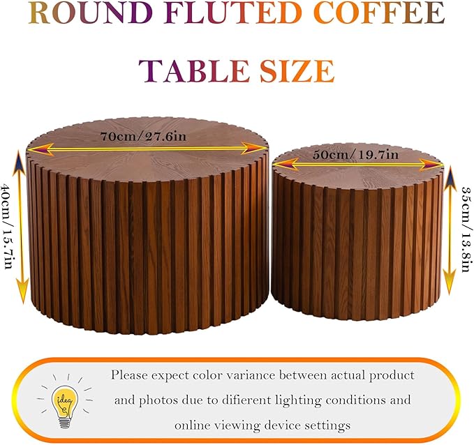Handcraft Round Nesting Coffee Table - Chic Wave Stripe Edge, Modern Stylish Walnut Wooden Circle Fluted Center Table for Living Room (27.6in+19.7in)