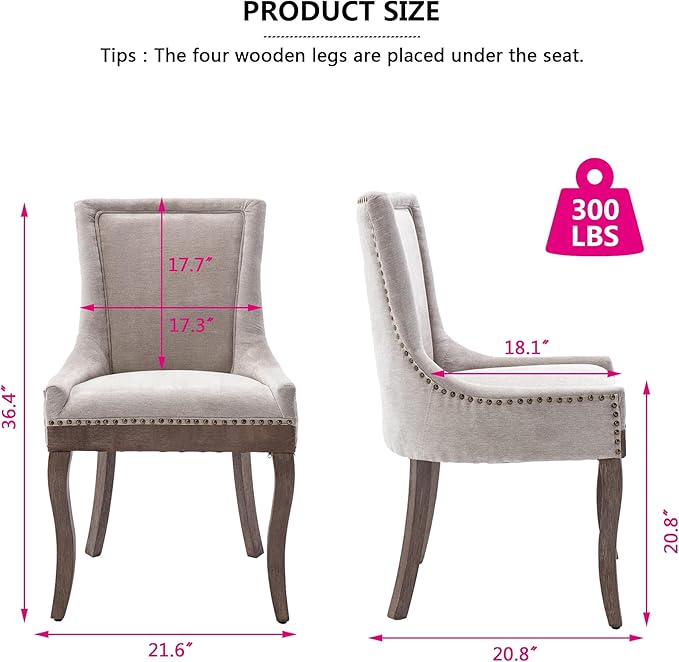 Farmhouse Dining Chairs Set of 2, Upholstered Fabric Dining Room Accent Chairs with Wood Legs & Bronze Nailhead, High Wingback Kitchen Chairs for Living Room Hotel Apartment, Beige