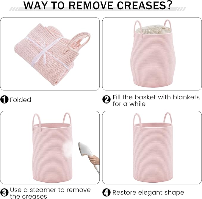 YOUDENOVA Woven Rope Laundry Hamper, 58L Tall Luandry Basket, Baby Nursery Hamper for Blanket Storage in Bedroom-Large-Pink