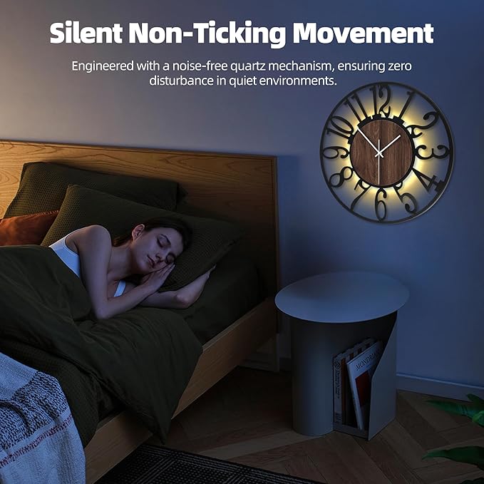 24 Inch Large Metal Wall Clock with Voice and Light Sensor Night Light, Glow in The Dark Non-Ticking Silent Battery Operated Decorative Oversized Wall Clock for Bedroom Living Room Decor