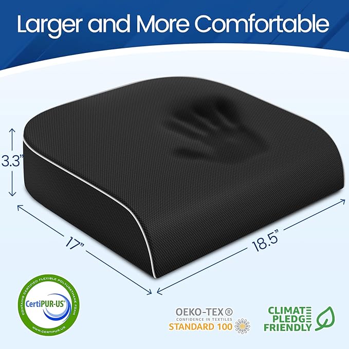 Seat Cushion for Tailbone Pain Relief, Office Chair Cushion, Memory Foam Large Chair Cushion with Non-Slip Cover for Soft Support at Office Chair, Car Seat, Airplane Black/XLarge
