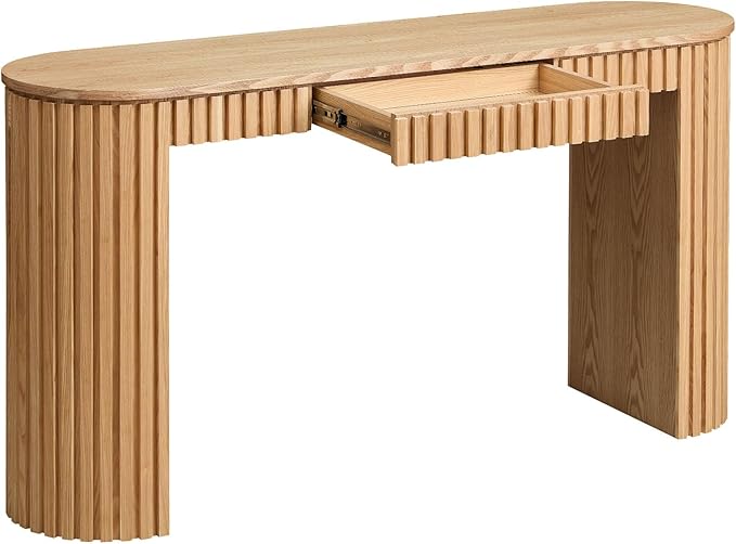 Modern Console Table for Entryway Contemporary Console Entry Tables with Drawer Fluted Sofa Tables Oval Long Foyer Table with Storage for Entry Way Hallway Entrance 59.05'' Wood Oak