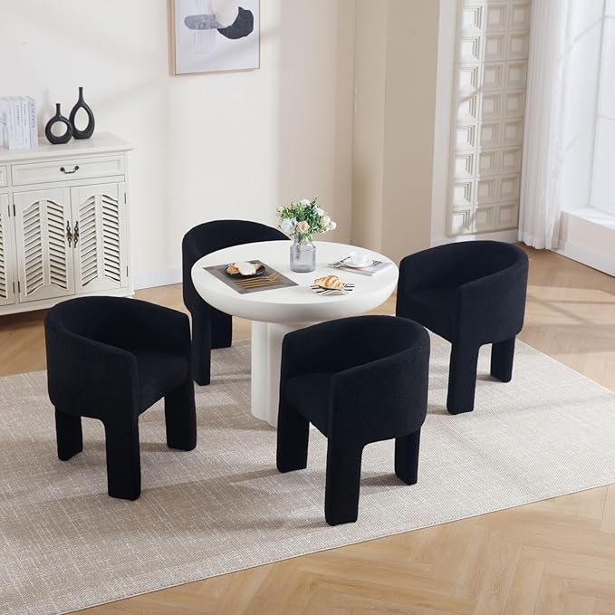 Modern Sherpa Barrel Dining Chairs Set of 4, Upholstered Boucle Accent Chairs With Arms, Comfy Makeup Vanity Seating for Dining, Living Room, Kitchen - Black