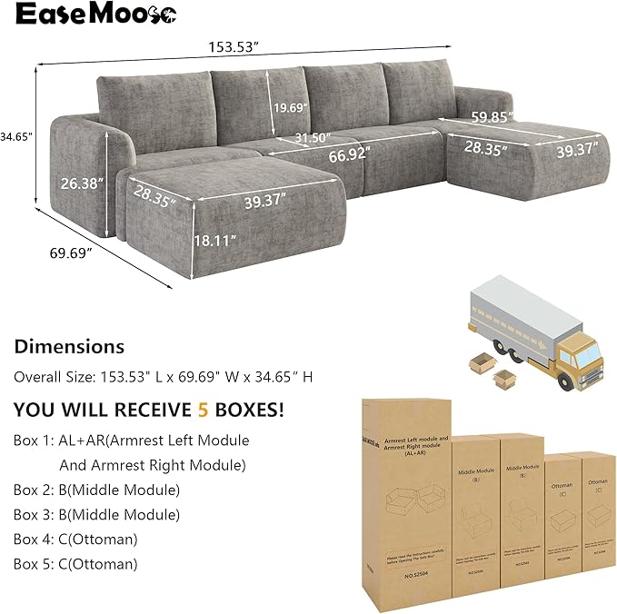EASE MOOSE Boneless Modular Cloud Couch, Oversized U-Shaped Sectional Sofa for Living Room with Ottoman, Extra Large Movable Couches, 6-Deep-Seat Sofas for Bedroom, Apartment, Chenille (Light Grey)
