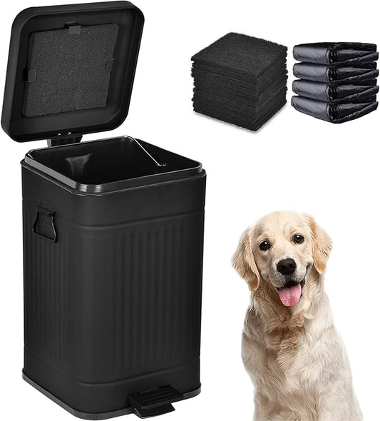 Dog Poop Trash Can with Lid for Outdoors，3.2 Gallon Trash Can with Activated Carbon Filter & Plastic Bags, Pet Waste Container，UP12L-BK-F+200BK