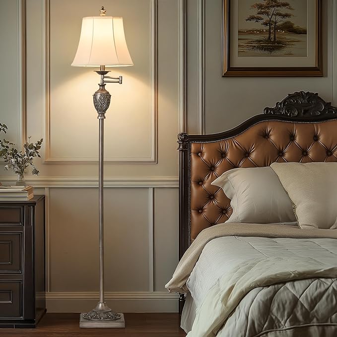 Traditional LED Floor Lamp with 350° Adjustable Swing Arm Lamp – Vintage Standing Pole lamp for Living Room, Bedroom and Office – Rustic Upright Floor Light for Home Décor with Silk Fabric Shade