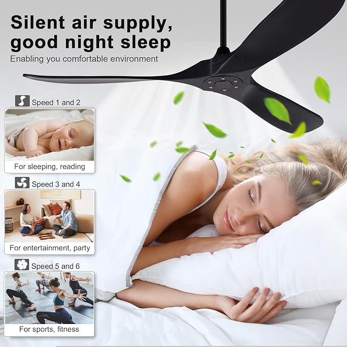 72 inch Ceiling Fan no Light, Quiet Reversible DC Motor Wood Ceiling Fan without Light, Black Modern Ceiling Fan with Remote Control for Outdoor Indoor Farmhouse Patios