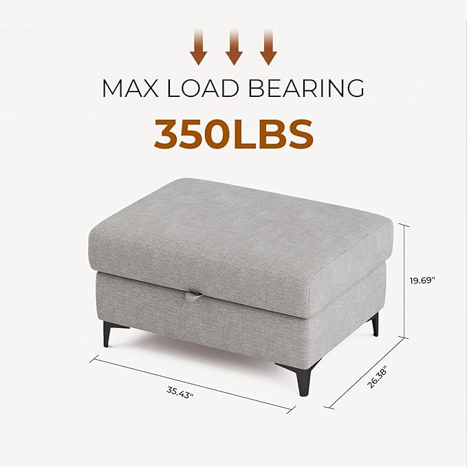 35" Large Storage Ottoman for Living Room, 7.8" Deep Seat Rectangular Ottoman Foot Rest for Couch, Chenille Storage Footstool Load 350 lb （Light Gray