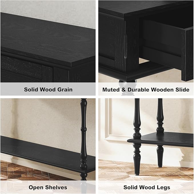 ARTPOWER Console Table for Entryway with 2 Drawers-Minimal Assembly,Black Retro Entryway Table with Storage Cabinets and Open Shelf,Narrow Long Couch Table Behind Sofa for Living Room,Foyer,Hallway
