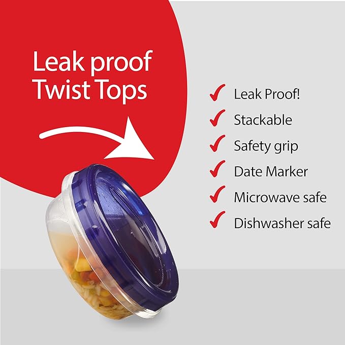 PLASTICPRO 6 Pack Twist Cap Food Storage Containers with Blue Screw on Lid- 8 oz Reusable Meal Prep Containers - Freezer and Microwave Safe Blue Plastic Food Storage