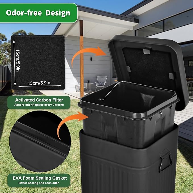 Dog Poop Trash Can with Lid for Outdoors，3.2 Gallon Trash Can with Activated Carbon Filter & Plastic Bags, Pet Waste Container，UP12L-BK-F+200BK