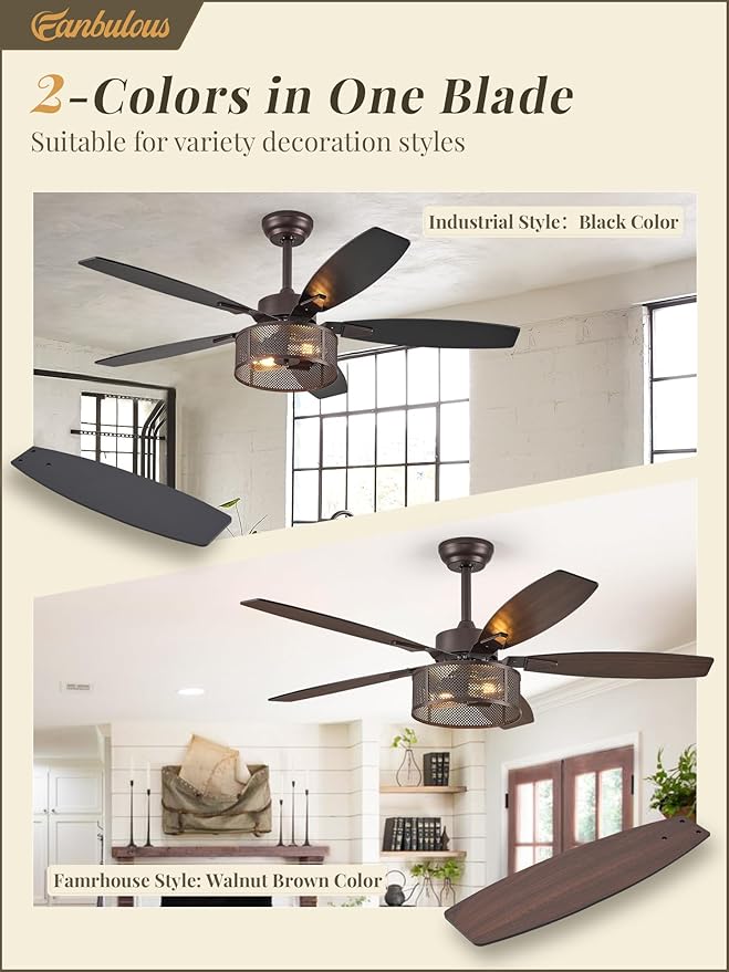 Farmhouse Oil Bronze Ceiling Fans with Lights and Remote, 52 Inch Bedroom Caged Ceiling Fans for Living Room Kitchen，6 Speed Reversible Quiet DC Motor, Dual Finish 5 Blades