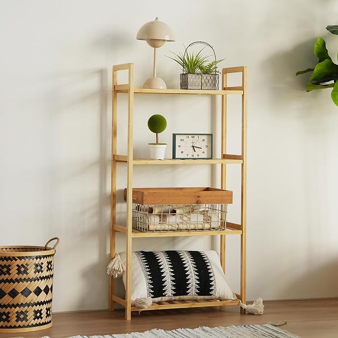 Bamboo Shelf, 4-Tier Bookcase Storage Shelves, Small Book Rack Shelving Unit, Multipurpose Storage Display Shelf for Bathroom Kitchen Living Room Office (4T- Natural)