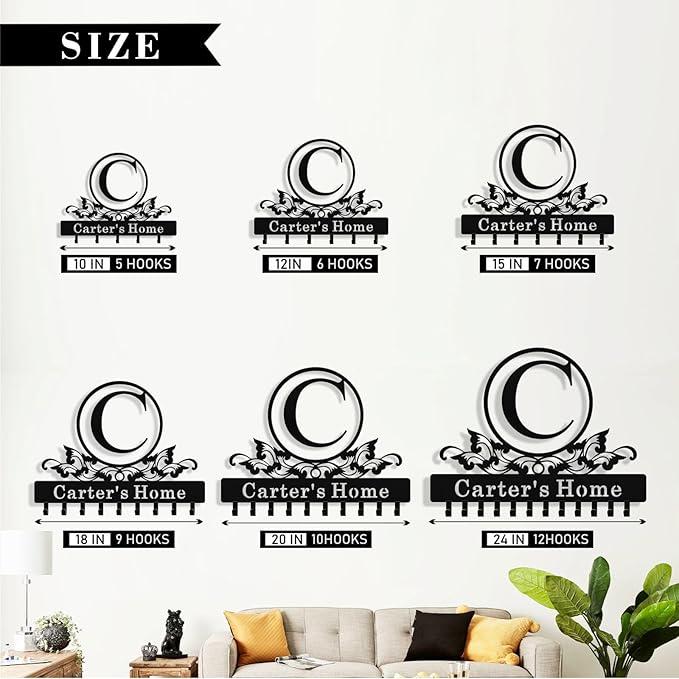 Personalized Monogram Key Holder Wall Mount, Custom Initial Name Metal Key Holder for Wall, Custom Keys Rack Hanger with Hooks for Entryway, Front Door, Hallway, Living Room, Kitchen