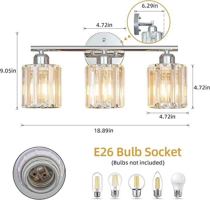 Modern 3 Light Crystal Vanity Light, Chrome Vertical Bathroom Light Fixture Over Mirror for Dressing Table Sink, Compatible with Dimmable Bulbs (Bulbs Not Included)