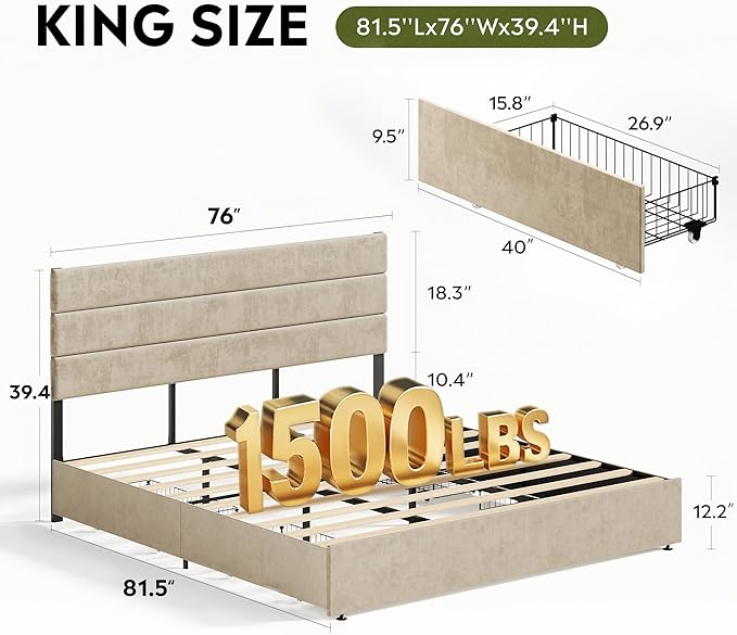 WLIVE King Size Upholstered Bed Frame with 4 Drawers and Velvet Square Tufted Headboard, Sturdy Metal & Wooden Slats Support, No Box Spring Needed, Easy Assembly, Beige