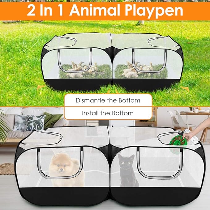 SlowTon Small Animals Playpen, Portable Large Chicken Run Coop with Detachable Bottom Breathable Transparent Mesh Walls, Foldable Pet Enclosure for Puppy Kitten Rabbits Indoor Outdoor(B,Flat Top)