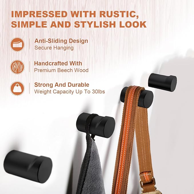 Wood Wall Hooks, 4 Pack Black Decorative Coat Hooks Wall Mounted, Heavy Duty Entryway Hat Hooks Wall Hangers for Hanging Purse, Towels, Clothes, Backpack