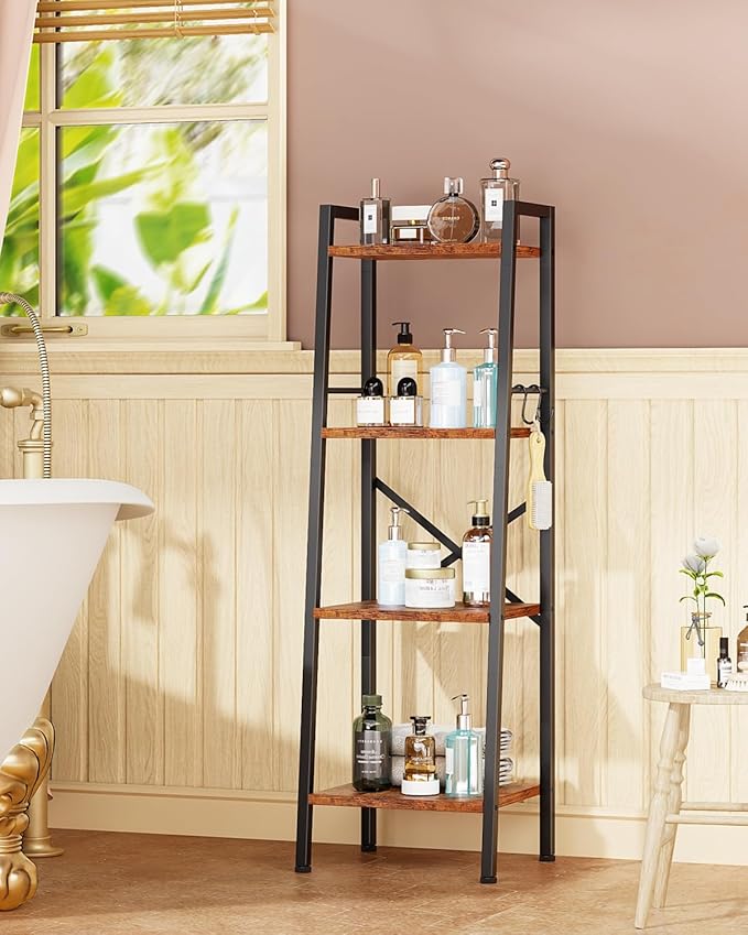 Furologee 4 Tier Ladder Bookshelf Narrow, Metal Wooden Ladder Shelf Bookcase with 2 Hooks, Small Rustic Brown Bookshelves Free Standing, Skinny Leaning Book Shelves for Bedroom Bathroom Living Room
