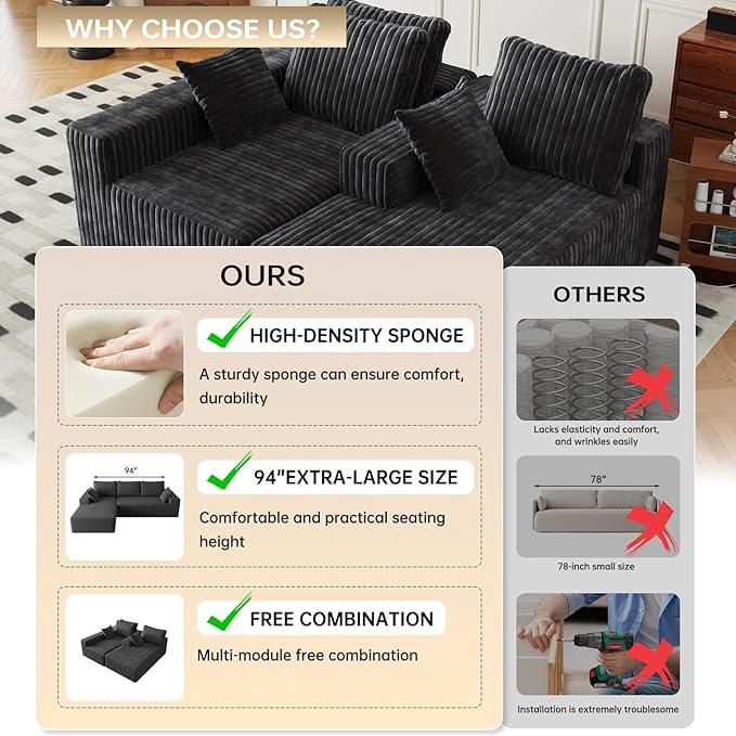 94" Cloud Sectional Couch with L-Shape Chaise,4 Seat Modern Modular Sofa with Side Pockets,Upholstered Couches for Living Room Bedroom, Boneless Couch,No Assembly Required