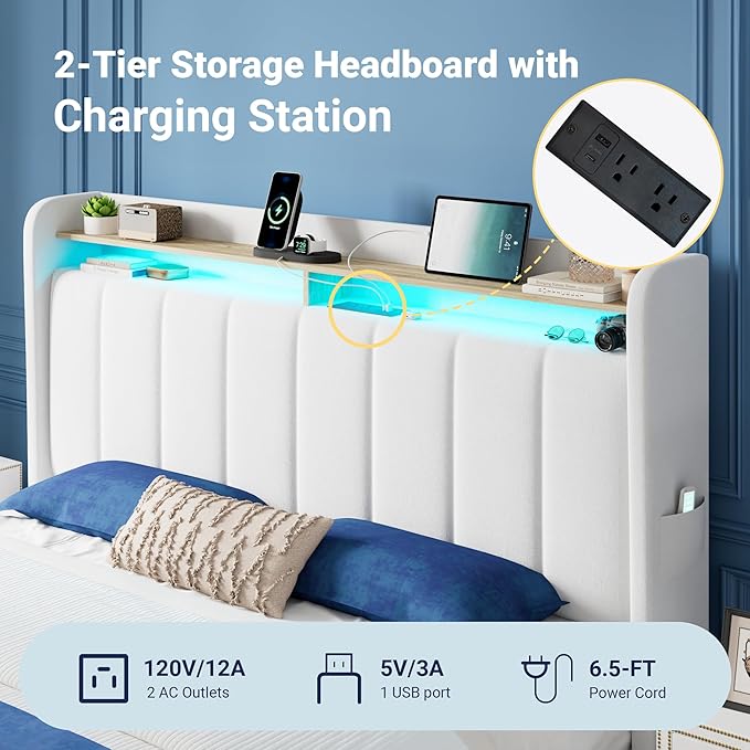 Allewie Velvet Vertical Tufted Queen Upholstered Platform Bed Frame with 2-Tier LED Storage Headboard & 2 Storage Drawers, USB & Type-C Charging Ports, Noise-Free/No Box Spring Needed, White