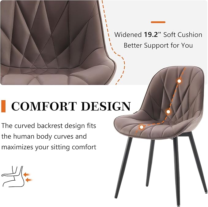 Rowill Modern Dining Chairs Set of 2 - Upholstered Faux Leather Kitchen Chairs with Soft Cushion Backrest, Sturdy Metal Legs & Non-Slip Pads, Perfectly Design for Home Dining Room, Kitchen, Brown