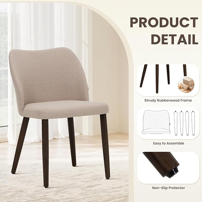 Wooden Dining Chairs Set of 6, Upholstered Kitchen Dining Room Chair, Modern Fabric Farmhouse Dinner Chair for Restaurant & Cafe, Camel