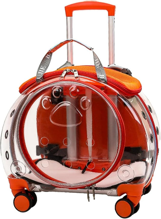 Pet Trolley Case with Ventilation Holes, Pet Carrier,Rolling Carrier,Clear Window Trolley Case,Strollers for Small Dogs,Cat Carrier with Silent Wheels Telescopic for Travel Orange