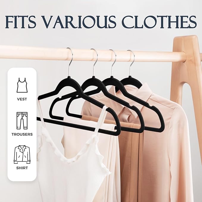 HOUSE DAY Premium Velvet Hangers, Non-Slip Thin Flocked Felt Hangers, Sturdy Clothes Hangers Heavy Duty Coat Hangers & Suit Hangers, Durable Suit Hangers for Closet Space Saving (20 Pack, Black)
