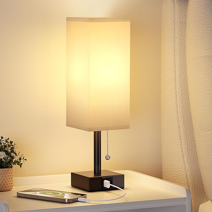 Gray Small Bedroom Lamp - 3 Color Temperature 3000K 5000K 4000K Bedside Lamp, Pull Chain Control, USB A and C Charging Ports, Black Base, for Kids Office Dorm, Bulb Included