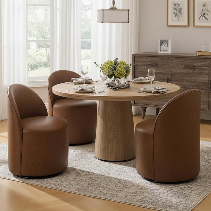Modern Barrel Dining Chairs Set of 3, Swivel Base Cognac PU Leather Accent Chair 360°Rotating Mid-Century Dining Side Chair Kitchen Chair for Living Room, Bedroom, Home, Office, Kitchen(Brown)