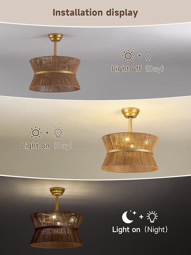 Boho Fandelier Ceiling Fan with Light and Remote Rattan Chandelier Fan Gold Caged Ceiling Fan with Light for Bedroom, Living Room Nursery Foyer Kitchen（6 Speed, Timing Adjustable Height）