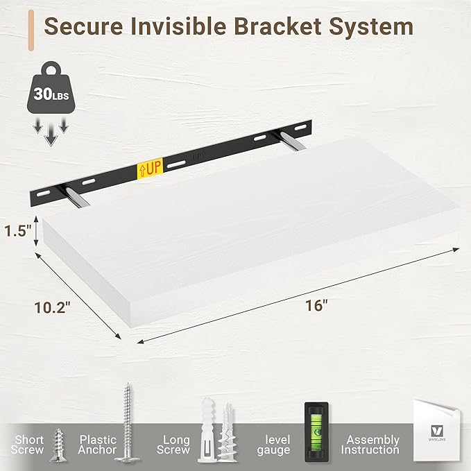 Vivelove 10 in Deep Floating Shelves for Wall, 16" x 10.2" x 1.5" Shelves for Room Wall Mounted, 1.5 Inch Thick Shelf for Bathroom Bedroom Kitchen Book Room, Modern Farmhouse Decor, Set of 2, White