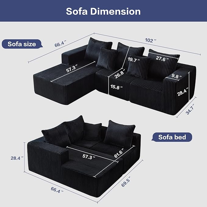 102" Cloud Couch for Living Room,Boneless Couch with Oversized Chaise,Deep Seat Sofa with 5-Pillows for Bedroom,Corduroy Sofa in A Box,Black