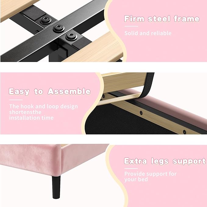 EnHomee Twin Bed Frame with Velvet Cloud Headboard, Storage Drawer and LED, Headboard Height Adjustable, Strong Support, No Box Spring Needed, Easy Assembly, Pink