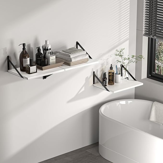 Heimlove White Deep Floating Shelves for Wall, 16W x 12D Wood Wall Shelves Set of 2, Wide Floating Bookshelf for Living Room, Kitchen, Office, Bedroom and Decor Storage, with Black Bracket - White