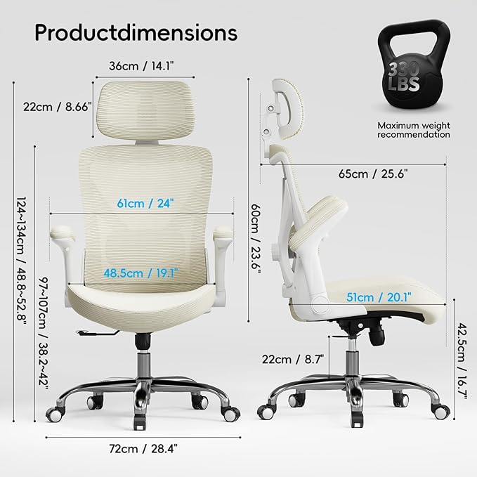 Office Home Ergonomic Desk Chair-Computer X-Shaped Chair Mesh PU Leather with Adjustable Lumbar Support-Executive Chair High Back with Headrest Flip-Up Arms for Long Hours (Beige)
