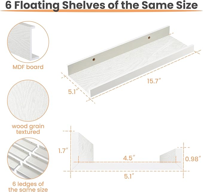 upsimples Floating Shelves for Wall, Wall Shelves for Decor Storage Set of 6, Wall Mounted Wood Shelf for Bedroom, Living Room, Bathroom, Kitchen, Picture Ledge Shelf, White