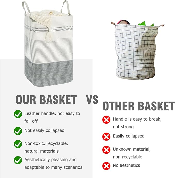 danpinera 100L Nursery Hamper, Tall Woven Laundry Basket with Long Leather Handles, Boho Laundry Hamper for Living Room & Bedroom, Eco-friendly & Convenient Decorative Storage Basket White & Gray