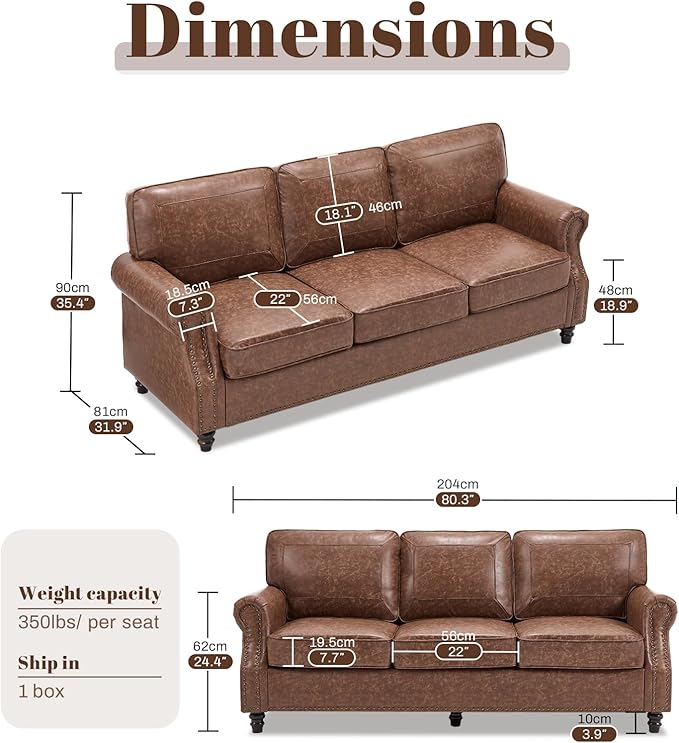 WILLOVE 79'' Faux Leather Sofas for Living Room, Mid Century Modern Couches with Rolled Arm & Nailhead Trim for Small Space, Apartment, Dark Brown