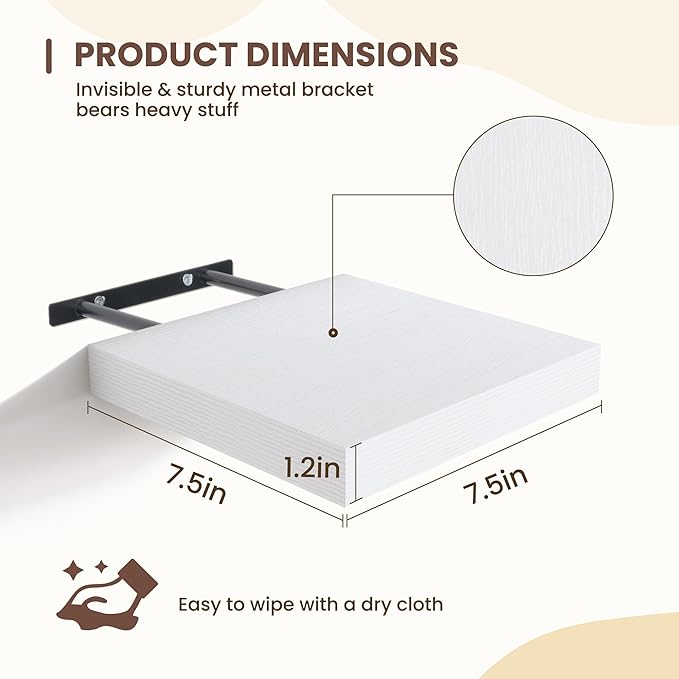 Fun Memories Floating Shelves for Wall - 7.5 Inch Square Shelves with Invisible Brackets, White Small Wall Shelf for Living Room, Bathroom, Bedroom, and Kitchen Decor，Set of 4