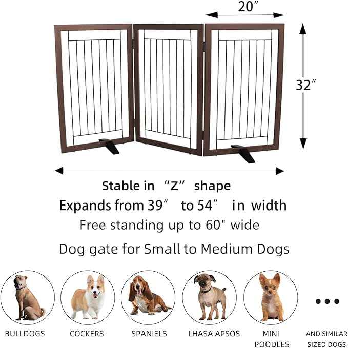 ZJSF Freestanding Dog Gate Indoor, Foldable Dog Fence for Doorways,Hallways or Stairs, Sturdy Wood Extra Wide Pet Gate with Support Feet,Brown,32 "Height-3 Panels