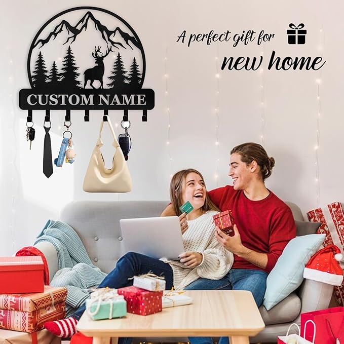 Personalized Key Holder for Wall - Custom Forest Deer Key Rack Hanger with Hooks, Key Holder Wall Mount, Woodland Theme Wall Art Decor Gift, Key Rack Storage for Kitchen, Living Room