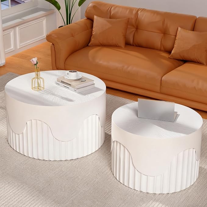 Round Nesting Coffee Table Set of 2, Round Fluted Coffee Tables for Living Room Modern Nesting End Side Tables for Small Spaces (E White)