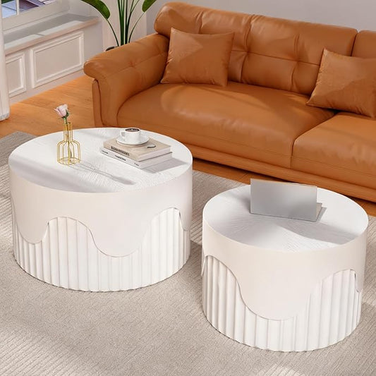 Round Nesting Coffee Table Set of 2, Round Fluted Coffee Tables for Living Room Modern Nesting End Side Tables for Small Spaces (E White)