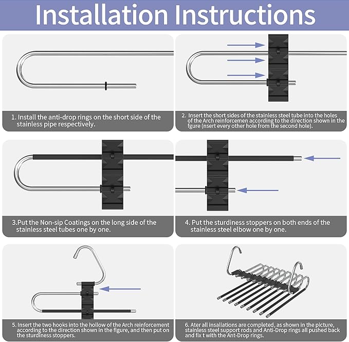 Upgrade 9 Layers Pants Hangers Space Saving, 2 Pack Non Slip Stainless Steel Multifunctional Pants Rack Closet Pant Hanger Organizer with Hooks for Pants Jeans Trousers Dorm Room Essentials, Black
