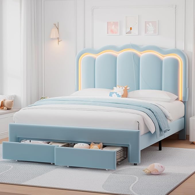 Full Upholstered LED Bed Frame with 2 Storage Drawers and Adjustable Chic Double Wavy Headboard, Velvet Princess Platform Bed with Charing Station, Solid Wood Slats Support,No Box Spring Needed,Blue