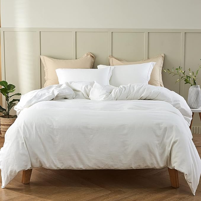 Simple&Opulence French Linen Duvet Cover Set 88" x 92"- 5 Pieces (1 Comforter Cover,4 Pillowcases)- Natural Flax Cotton Blend-Solid Color Breathable Farmhouse Bedding-Off White, Queen