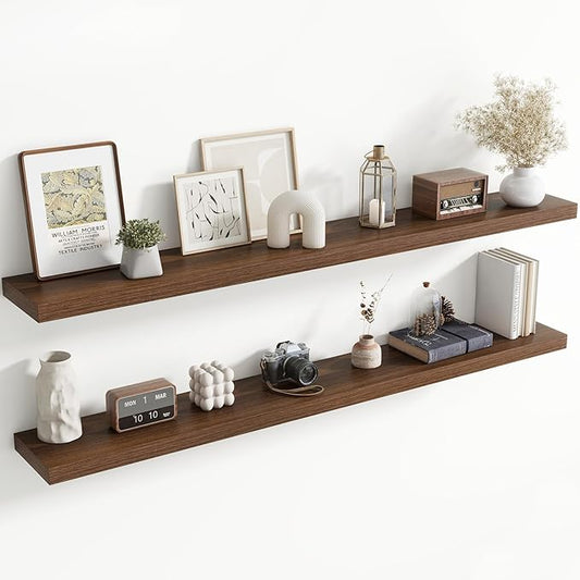 72 Inch Floating Shelves for Wall, 8 Inch Deep Floating Shelf for Storage & Display, Rustic Wall Mounted Shelf with Invisible Brackets for Living Room, Kitchen, Bathroom, Home Decor, Set of 2, Walnut