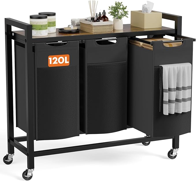 Sweetcrispy Laundry Hamper with 3 Pull-Out Removable Sorter Bags, Movable Wheels, Freestanding Clothes Basket Organizer in Bathroom, 3 × 10.6 Gal (120L) Capacity, Rustic Brown and Black